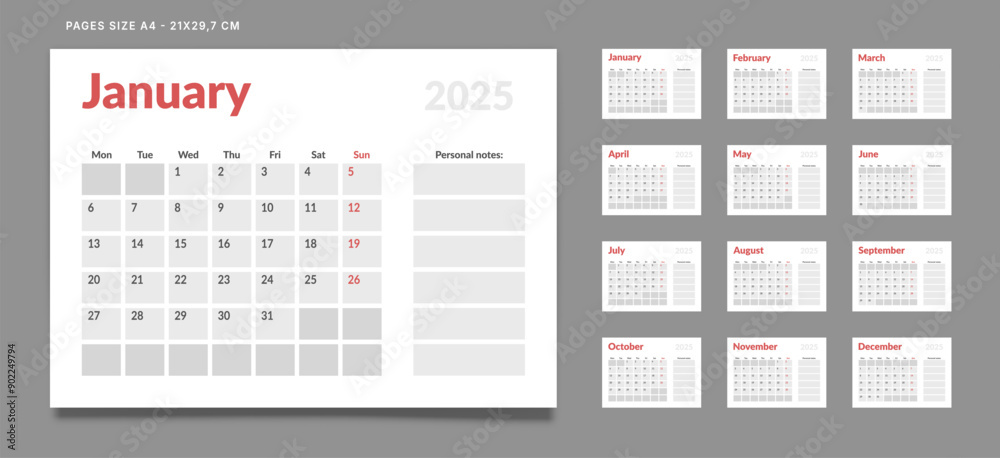 Set of 12 Pages Monthly Calendar Planner Templates on 2025 year. Vector mockup of a wall or desktop calendar with the week start on Monday for print. Pages size A4 -21x29.7cm Set of 12 Pages Monthly Calendar Planner Templates on 2025 year. Vector mockup of a wall or desktop calendar with the week start on Monday for print. Pages size A4 -21x29.7cm