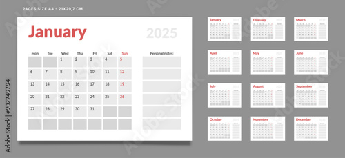 Set of 12 Pages Monthly Calendar Planner Templates on 2025 year. Vector mockup of a wall or desktop calendar with the week start on Monday for print. Pages size A4 -21x29.7cm