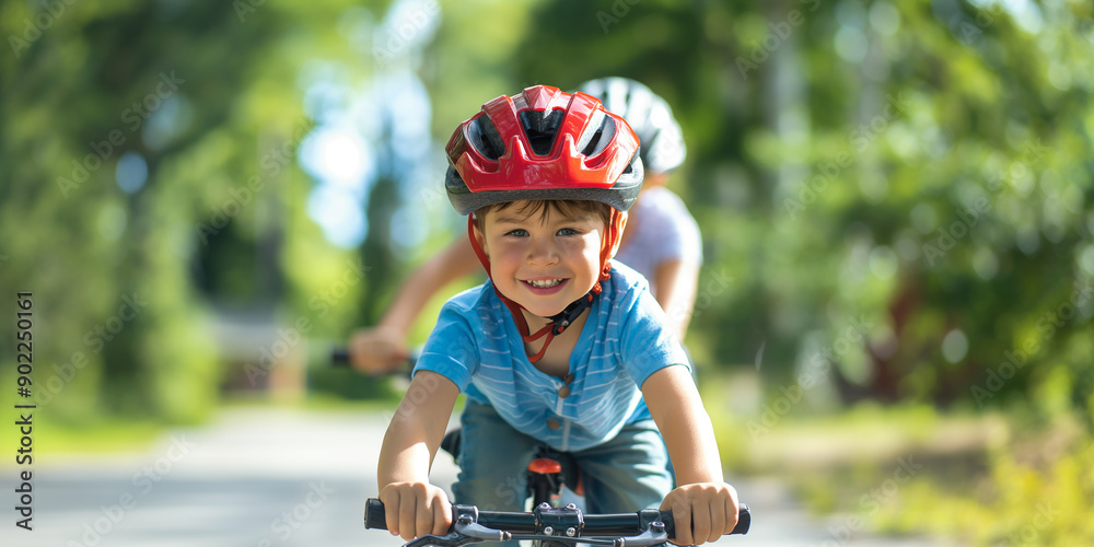 Happy boy wearing helmet riding bike in park with family Happy boy wearing helmet riding bike in park with family