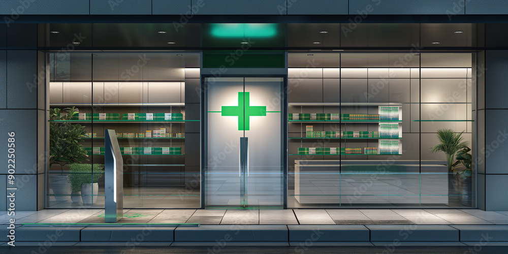 Naklejka premium Modern pharmacy storefront with green cross sign illuminating the city street at night