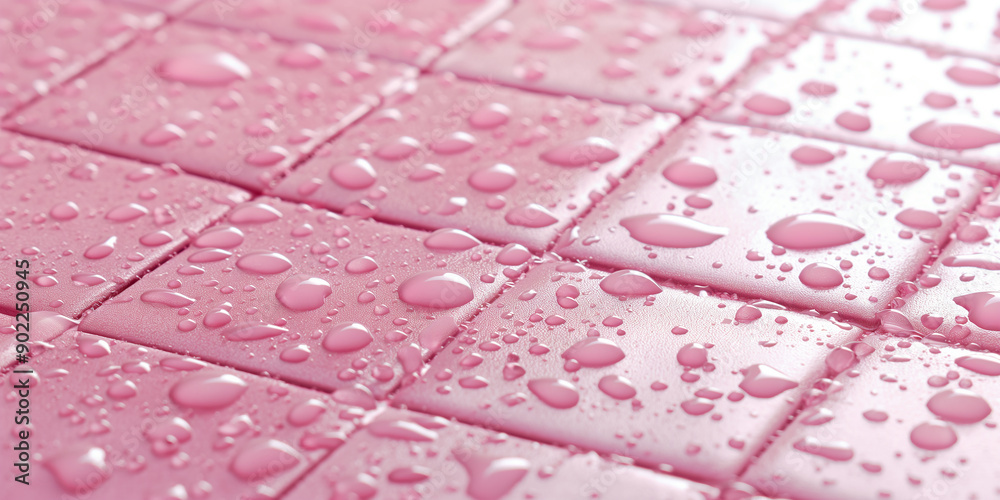 Fototapeta premium Water droplets forming on surface of pink tiles