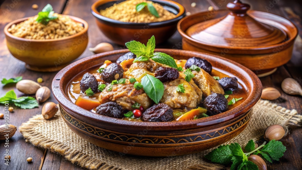 Richly flavored Moroccan chicken tajine with prunes and nuts, slow-cooked in a traditional ceramic dish, adorned with aromatic spices and fragrant herbs, steaming hot. Richly flavored Moroccan chicken tajine with prunes and nuts, slow-cooked in a traditional ceramic dish, adorned with aromatic spices and fragrant herbs, steaming hot.