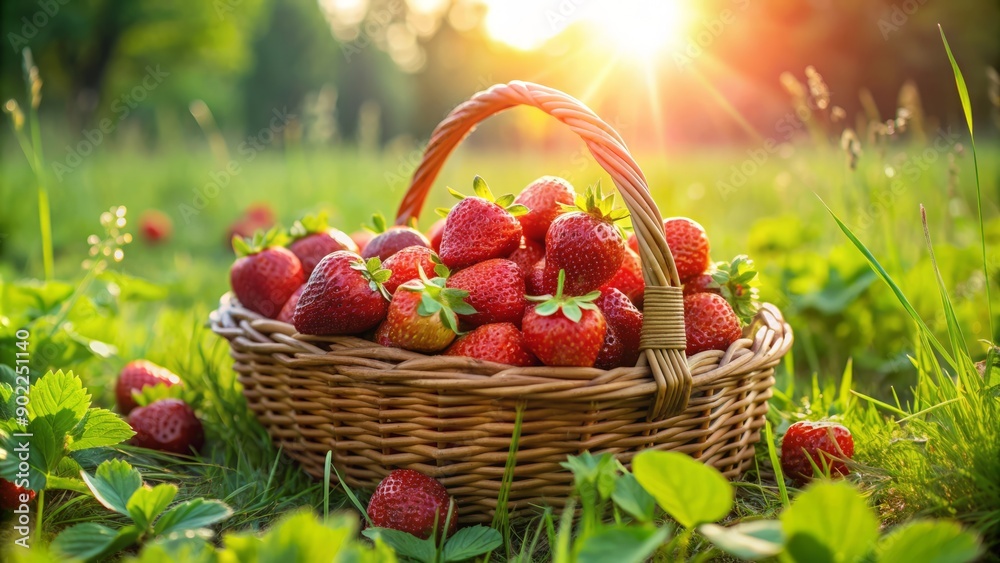 Vibrant red strawberries overflow from a wicker basket amidst lush greenery in a sun-kissed field, capturing the essence of a perfect summer harvest morning.