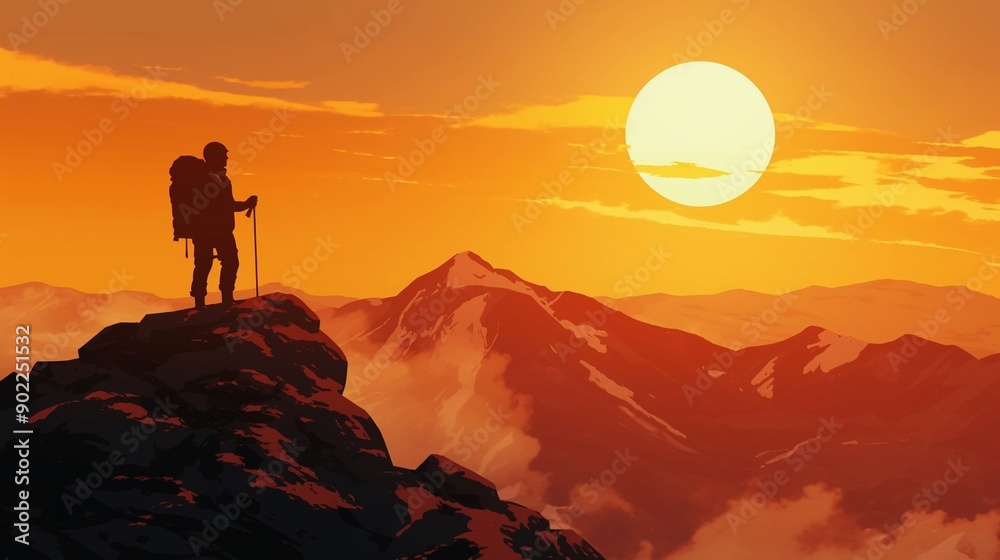 Fototapeta premium 山頂から夕日を眺めている登山家のシルエット21