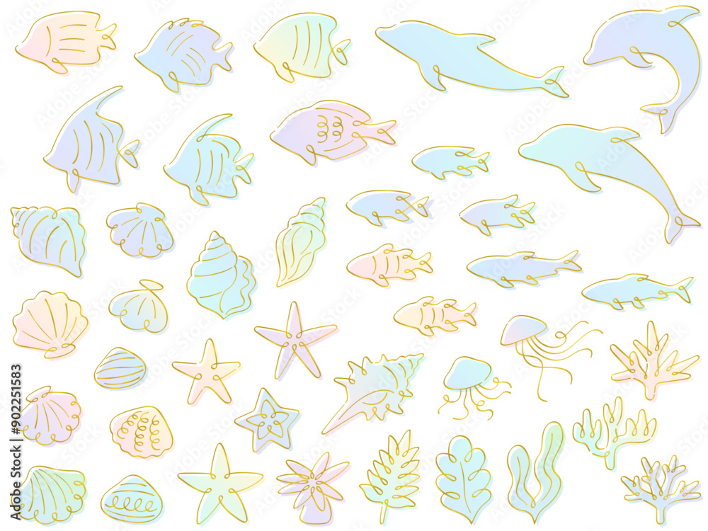 Obraz premium カリグラフィー調の金の線画とカラフルなグラデーションの海の生き物のイラストセット