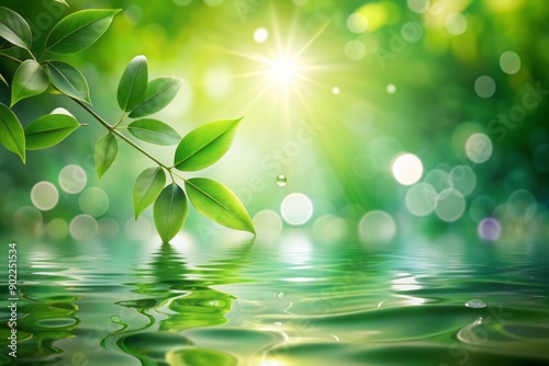 Vibrant blurred nature abstract bokeh background featuring soft focus green foliage, gentle water droplets, and warm light, evoking a sense of serenity and environmental harmony.