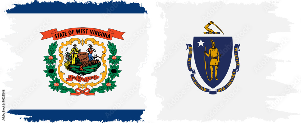 Fototapeta premium Massachusetts and West Virginia states grunge brush flags connection, vector