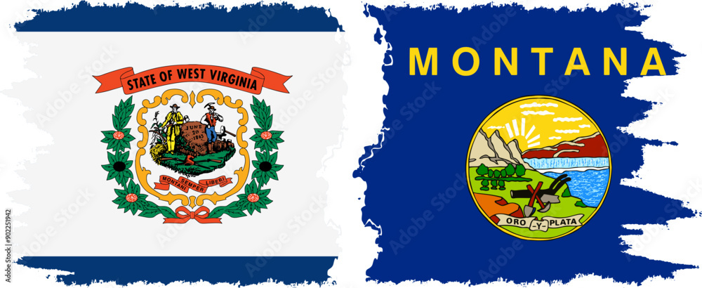 Naklejka premium Montana and West Virginia states grunge brush flags connection, vector