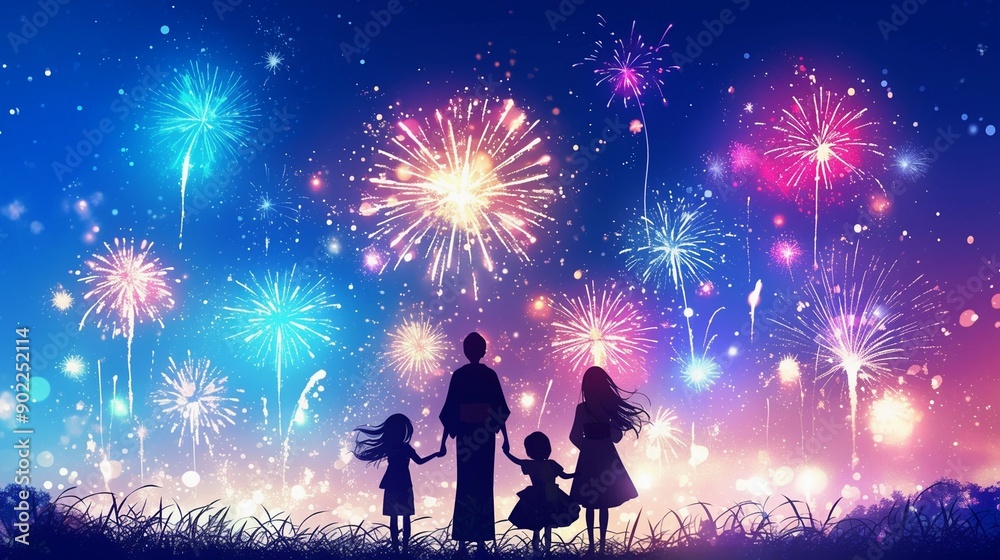 花火を見ている家族のシルエット10