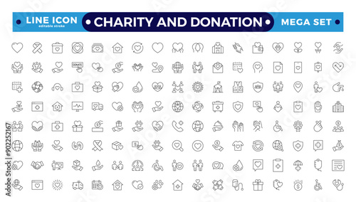 charity and donation icon set. Charity and Volunteering thin line style of philanthropic icons: almsgiving, helping those in need, donation, contribution, humanism, altruism 

