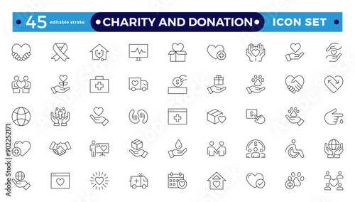 charity and donation icon set. Charity and Volunteering thin line style of philanthropic icons: almsgiving, helping those in need, donation, contribution, humanism, altruism 
