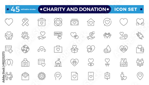 charity and donation icon set. Charity and Volunteering thin line style of philanthropic icons: almsgiving, helping those in need, donation, contribution, humanism, altruism 
