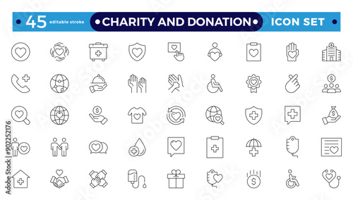 charity and donation icon set. Charity and Volunteering thin line style of philanthropic icons: almsgiving, helping those in need, donation, contribution, humanism, altruism 
