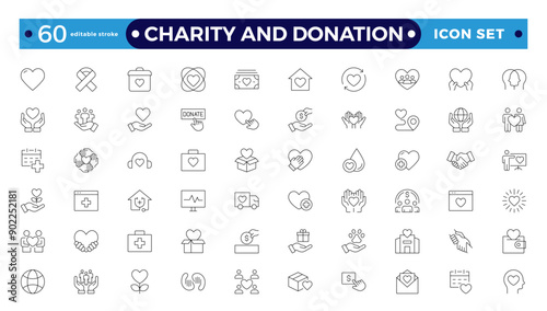 charity and donation icon set. Charity and Volunteering thin line style of philanthropic icons: almsgiving, helping those in need, donation, contribution, humanism, altruism 
