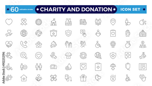 charity and donation icon set. Charity and Volunteering thin line style of philanthropic icons: almsgiving, helping those in need, donation, contribution, humanism, altruism 
