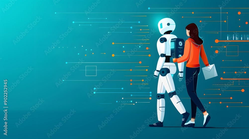 Futuristic AI-Enhanced Learning Concept with Student and AI in Flat Design Illustration Futuristic AI-Enhanced Learning Concept with Student and AI in Flat Design Illustration