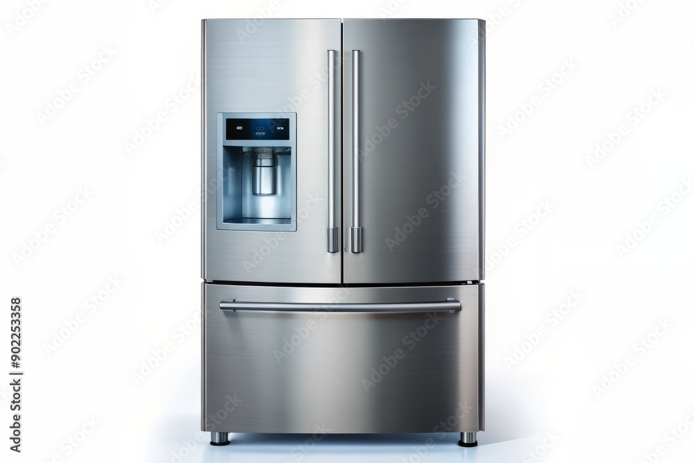 Modern stainless steel three-door refrigerator stands alone on a transparent background, showcasing sleek design and advanced features in a contemporary kitchen setting. Modern stainless steel three-door refrigerator stands alone on a transparent background, showcasing sleek design and advanced features in a contemporary kitchen setting.
