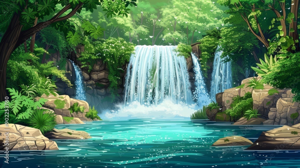 Fototapeta premium Crystal-clear waterfall cascading into a serene pool, surrounded by greenery. Cartoon illustrations vectors