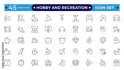 Hobby and recreation linear icons collection. Hobbies for children and adults at home and outdoors. Sports, diving, dancing, reading, drawing, music and singing, collecting, chess, astronomy, photo 
