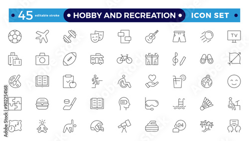 Hobby and recreation linear icons collection. Hobbies for children and adults at home and outdoors. Sports, diving, dancing, reading, drawing, music and singing, collecting, chess, astronomy, photo 
