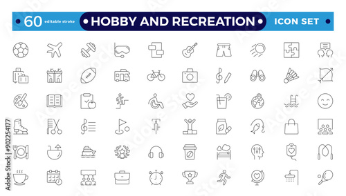 Hobby and recreation linear icons collection. Hobbies for children and adults at home and outdoors. Sports, diving, dancing, reading, drawing, music and singing, collecting, chess, astronomy, photo 