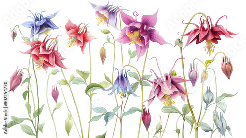 Graceful columbines in red, pink, and purple with intricate petals and lush green leaves.
 photo