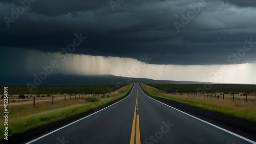 Dramatic landscape photograph featuring a long, straight road that stretches into the distance, flanked by lush green vegetation on both sides. 