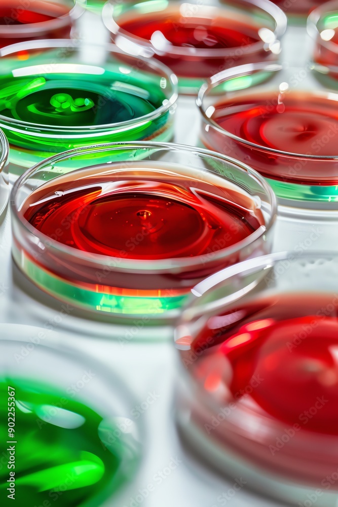 colorful plates with red and green gellike substances in glass petri dishes colorful plates with red and green gellike substances in glass petri dishes