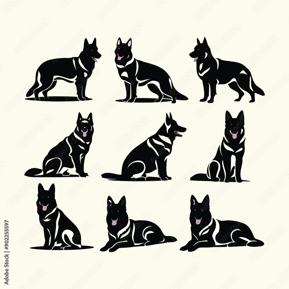 German shepherd dog silhouette set animals vector template