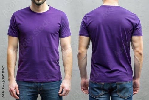man wearing a blank purple t-shirt, front and back side clothing template mockup