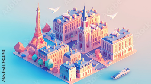 Parisian Dreams: A whimsical and vibrant isometric illustration of the City of Lights, capturing the charm and romance of Paris with its iconic landmarks, pastel hues, and playful details.  