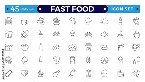 fast food outline icons. Fast food vector icon line set. Burger sandwich pizza hot dog cola coffee sweets. Editable stroke outline icon.
