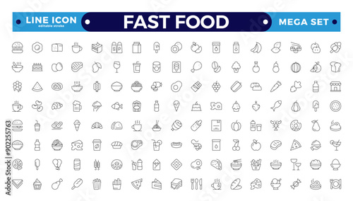 fast food outline icons. Fast food vector icon line set. Burger sandwich pizza hot dog cola coffee sweets. Editable stroke outline icon.
