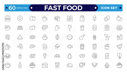 fast food outline icons. Fast food vector icon line set. Burger sandwich pizza hot dog cola coffee sweets. Editable stroke outline icon.
