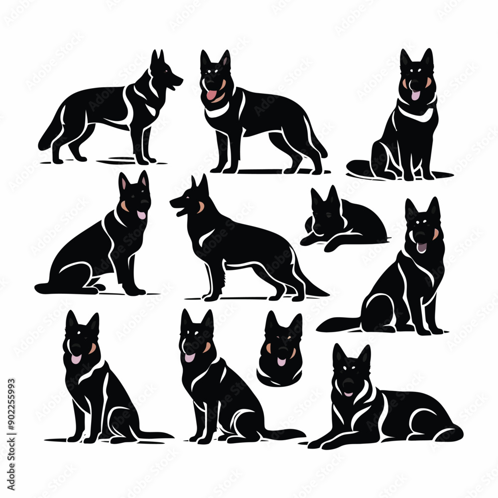 German shepherd dog silhouette set animals vector template German shepherd dog silhouette set animals vector template