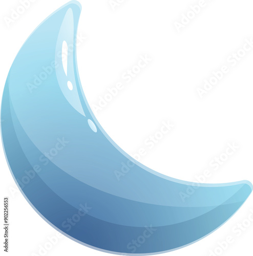 Cartoon style crescent moon shining with a glossy blue surface