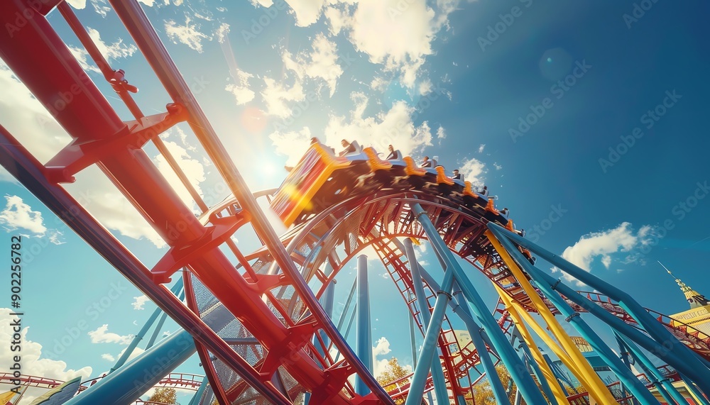 Vibrant roller coaster in an amusement park, bright sunny day, low angle, dynamic and thrilling atmosphere