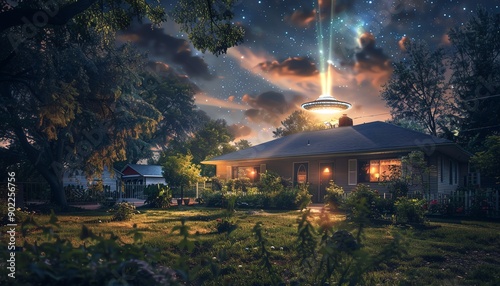 UFO hovering over a suburban house at dusk, beam of light illuminating the yard, wideangle, dramatic sky with stars