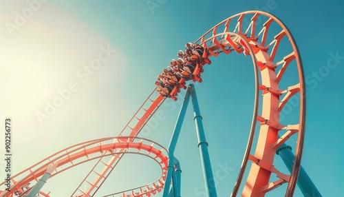 Vibrant roller coaster in an amusement park, bright sunny day, low angle, dynamic and thrilling atmosphere