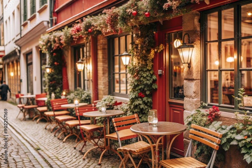 A street with a row of outdoor tables and chairs