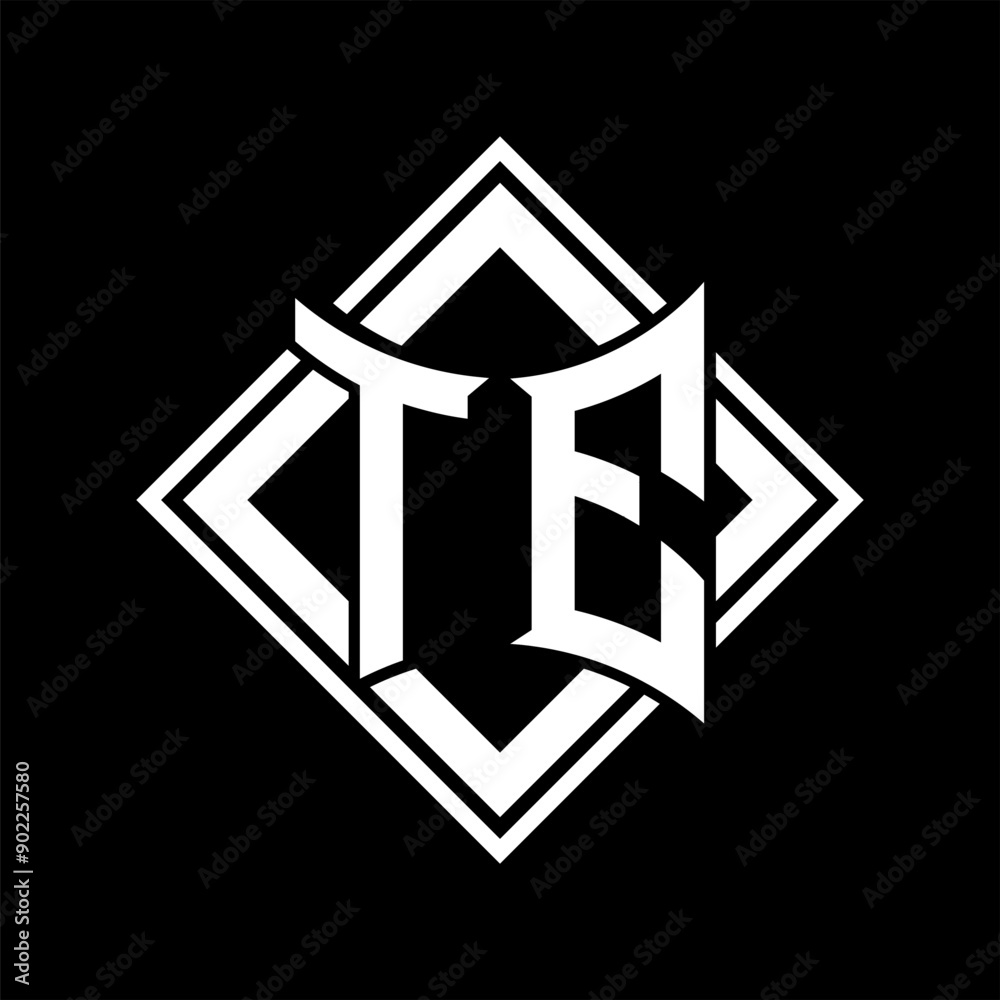 TE Letter logo abstract shield shape with square white outline on black background template TE Letter logo abstract shield shape with square white outline on black background template