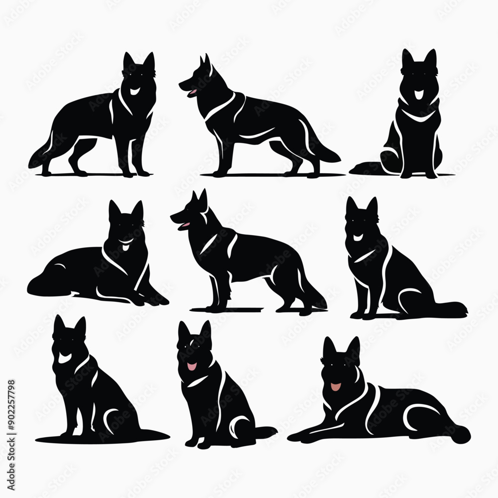 German shepherd dog silhouette set animals vector template