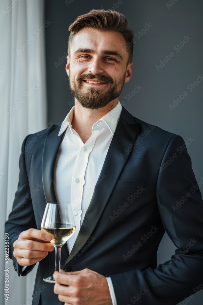 photo of Handsome Man model smiling looking at the camera, holding wine, wearing suit, Good waist posture, as if in the middle of a party, isolated on dark grey, clean dark grey background photo of Handsome Man model smiling looking at the camera, holding wine, wearing suit, Good waist posture, as if in the middle of a party, isolated on dark grey, clean dark grey background