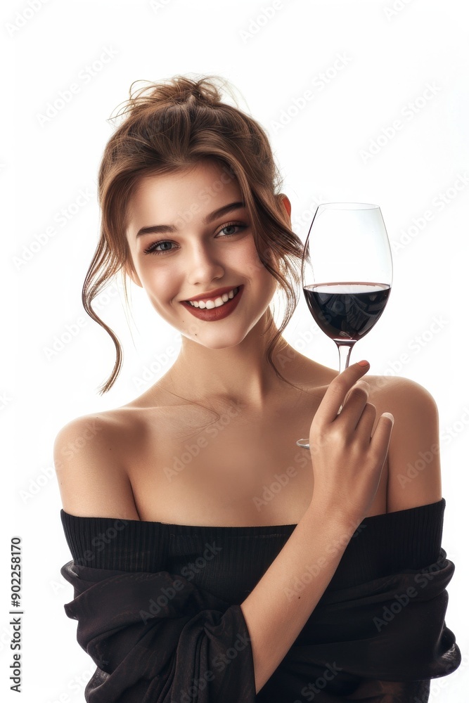 portrait of young beautiful attractive girl in fashionable style, smiling looking camera with wine glass, standing on white background portrait of young beautiful attractive girl in fashionable style, smiling looking camera with wine glass, standing on white background