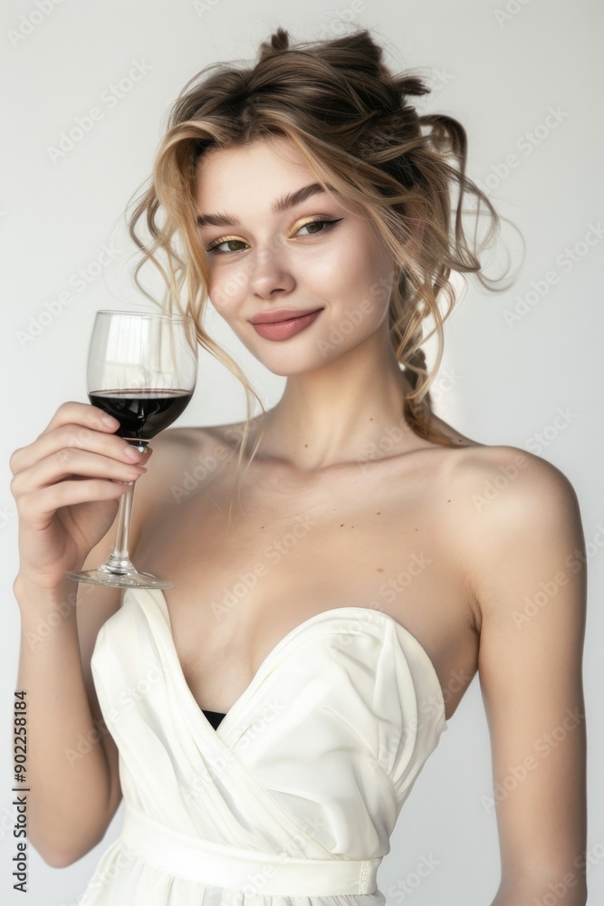 portrait of young beautiful attractive girl in fashionable style, smiling looking camera with wine glass, standing on white background portrait of young beautiful attractive girl in fashionable style, smiling looking camera with wine glass, standing on white background