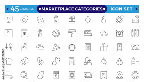 Marketplace Categories outline Icons set. Vector illustration in modern thin-line style of e-commerce-related icons: household goods, electronics and household appliances Editable stroke outline icon.