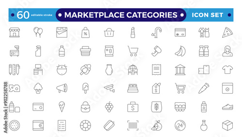Marketplace Categories outline Icons set. Vector illustration in modern thin-line style of e-commerce-related icons: household goods, electronics and household appliances Editable stroke outline icon.
