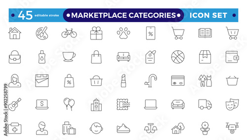 Marketplace Categories outline Icons set. Vector illustration in modern thin-line style of e-commerce-related icons: household goods, electronics and household appliances Editable stroke outline icon.