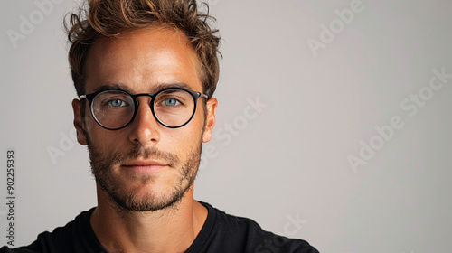 Close-up portrait of a professional actor in a confident stance with minimalistic studio lighting on a white background.