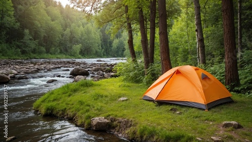 orange tent for camping on a river forest background